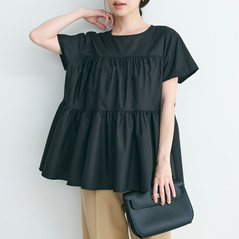 Japanese Korean Shirt Women Summer Pure Cotton High Grade Loose Solid Color Plaid Ruffled round Neck Short Sleeve