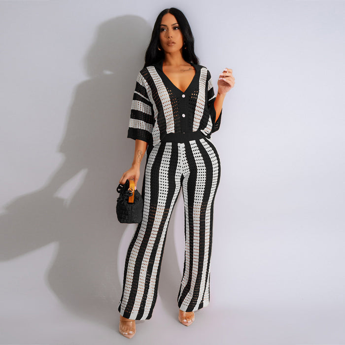 Women Clothing Sexy Ladies V neck Hollow Out Cutout Striped Collared Knitted Wide Blouse Pants Sets