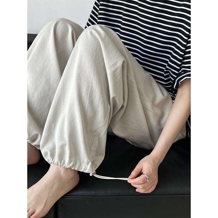 Retro Tencel Cotton Drawstring Elastic Waist Loose Cargo Pants Women Wide Leg Pants Casual Trousers