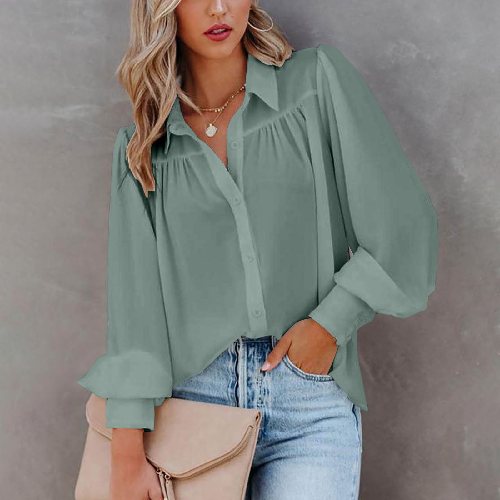 Autumn Winter Women Long Sleeved Chiffon Shirt Top Lantern Sleeve Pleated Loose Shirt Women