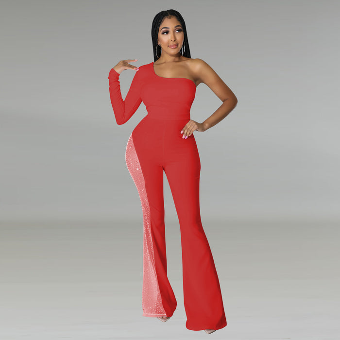 Trousers Mesh Rhinestone Tube Top One Shoulder Sexy Nightclub Jumpsuit