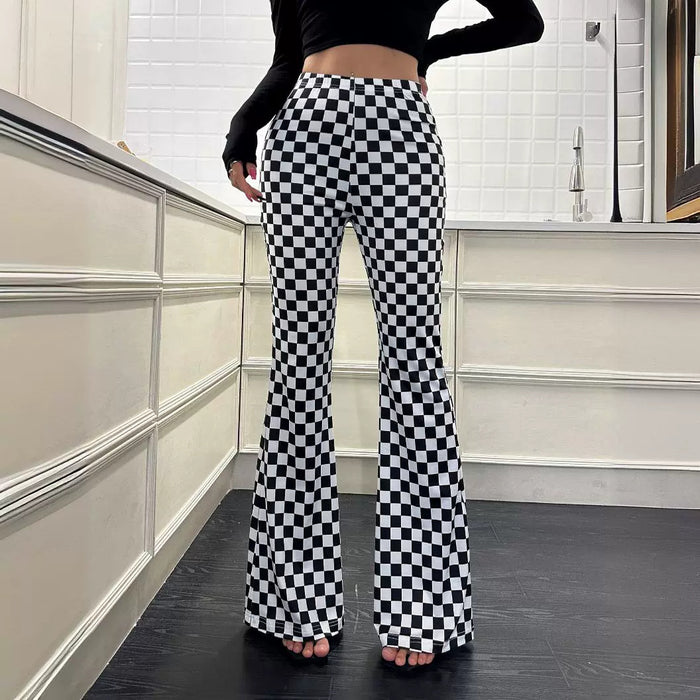 Chessboard Plaid Bell Bottom Pants Women Fitness Yoga Wear High Waist Make Legs Look Long Tight Nude Feel Sports Casual Street