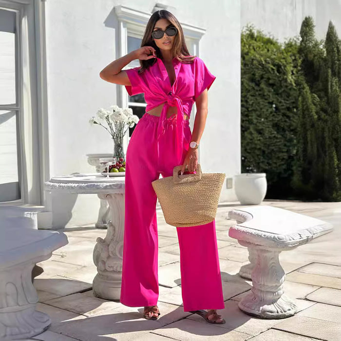 Women Clothing Solid Color Short Sleeve Trousers Set