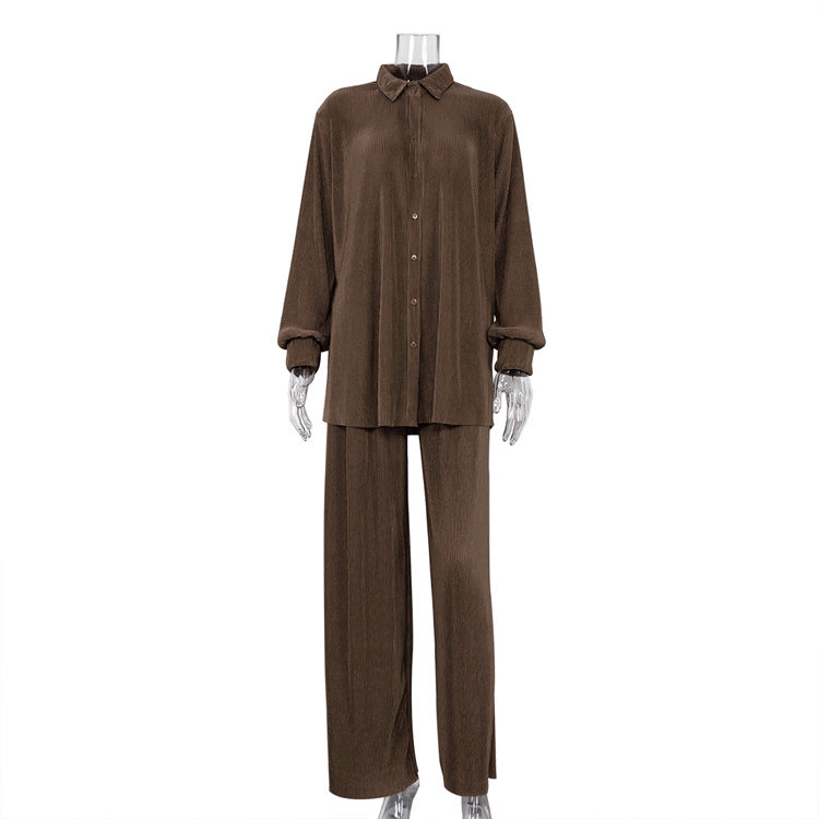 Spring Pleated Casual Shirt Outfit Long-Sleeved Trousers High Waist Loose Drooping Women