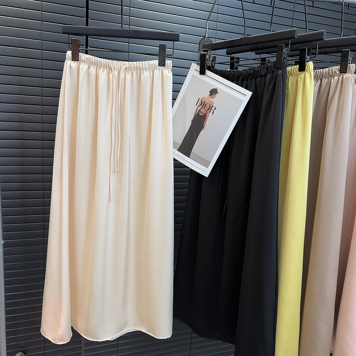 Acetate Satin Skirt Straight Long Skirt Spring Solid Color Lazy Lace up High Grade Draping Smooth A line Skirt