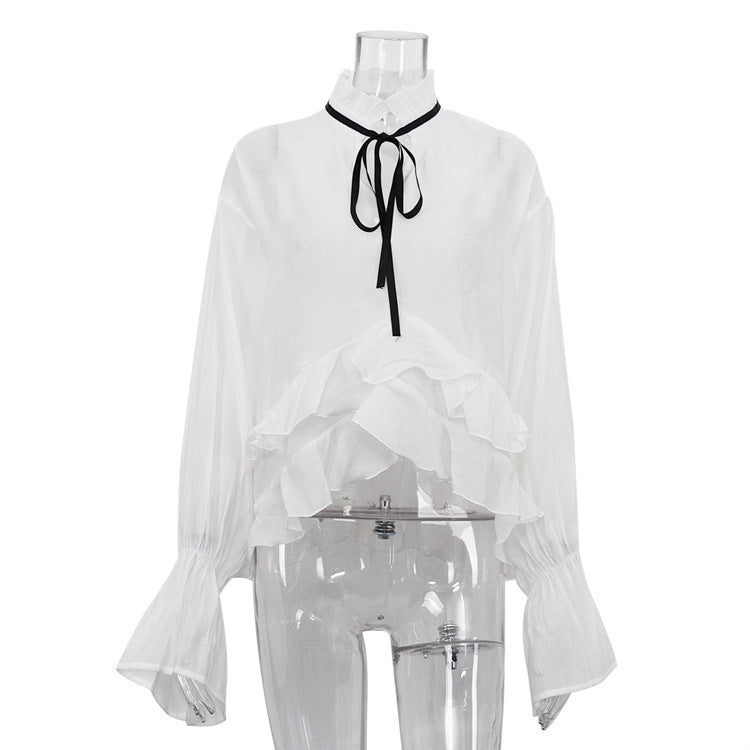 Women Clothing Sexy See through Smock Top Summer Bell Sleeve French Shirt