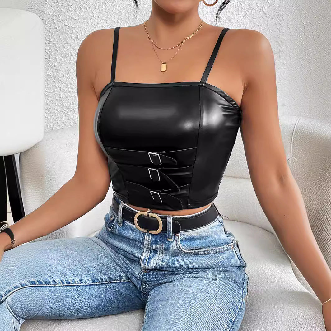 Sexy Bra Top Wrapped Chest Faux Leather Texture Women Vest Camisole