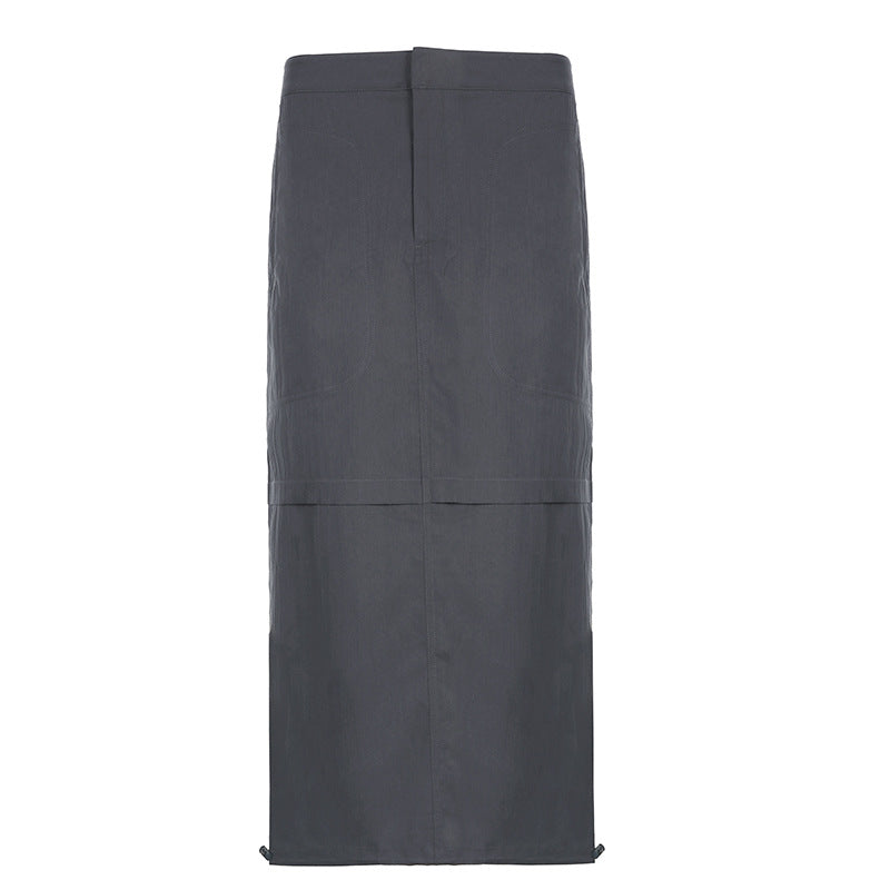 Woven Workwear Skirt Women Distressed Gray Drawstring Closed Design High Waist Straight Skirt