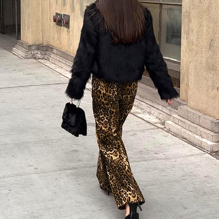 Spring Summer Retro Leopard Print Wide Leg High Waist Casual Pants Office Trousers Women