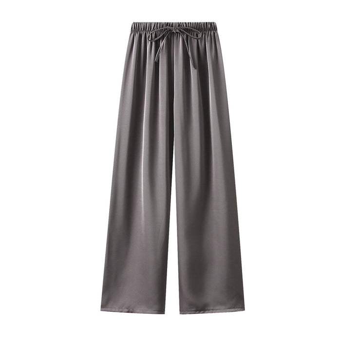 High Grade Pleated Texture Acetate Ice Tencel Satin Wide Leg Pants Women Summer Loose Straight Drooping Casual Pants