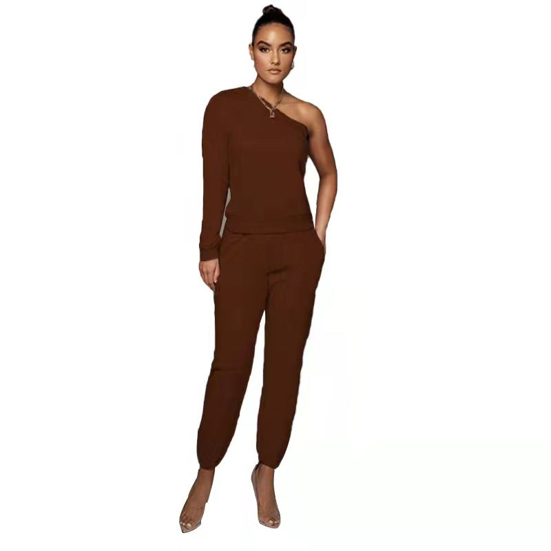 Urban Casual Solid Color Pullover off-the-Shoulder Trousers Women Fleece Lined Slim Fit Long Sleeve Sweater Set