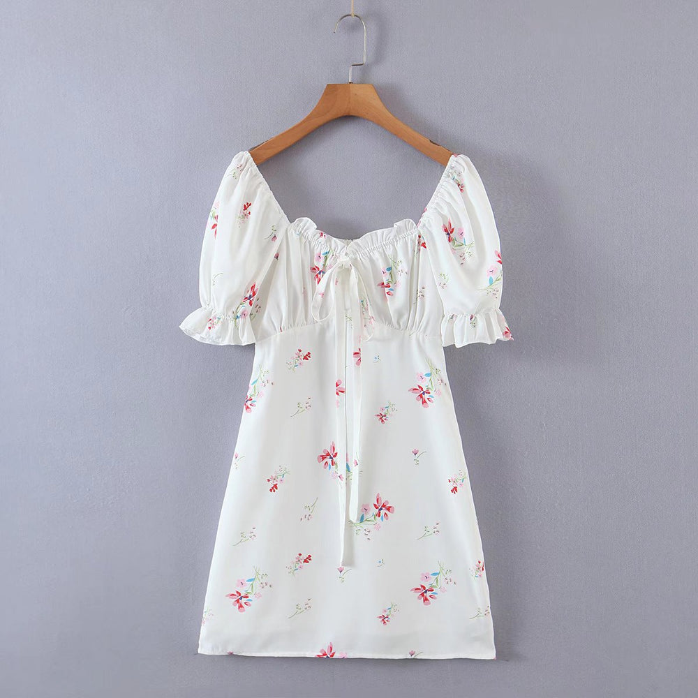 Summer Women Clothing Vintage Court French Square Collar Puff Sleeve Printing A-line Dress