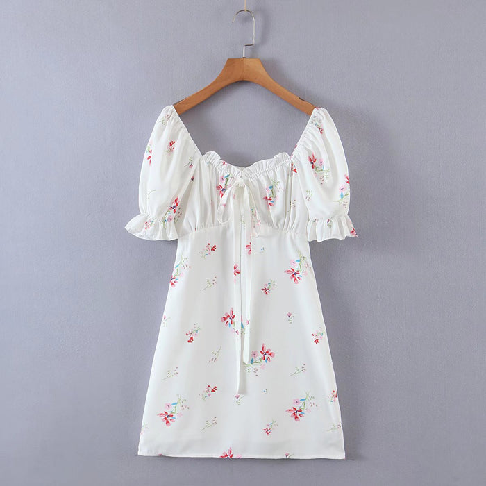 Summer Women Clothing Vintage Court French Square Collar Puff Sleeve Printing A-line Dress
