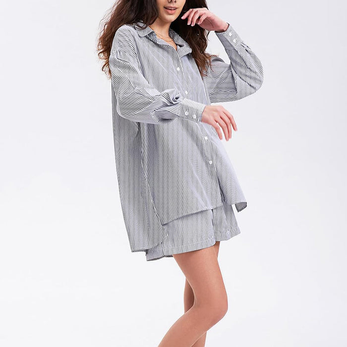 Summer Autumn Two Piece Long Sleeve Button Shirt Shorts Suit Women