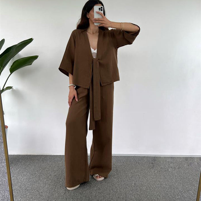 Women Casual Loose Outfit Plain Lace Up Three Quarter Length Sleeves Cardigan Trousers Two Piece Set