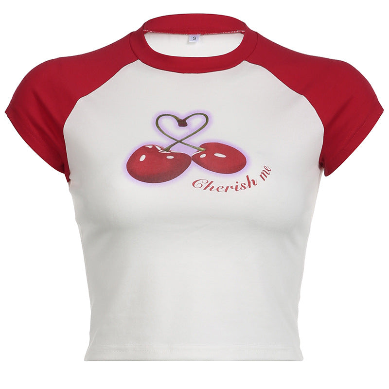 Street Cherry Print Raglan Sleeve Short Slim Fit T shirt Sexy Cool Colorful Love All Match Top