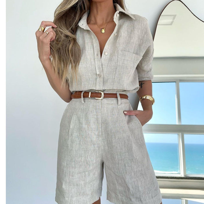 Women Solid Color Casual Long Sleeve Shirt Belt Shorts Women Set