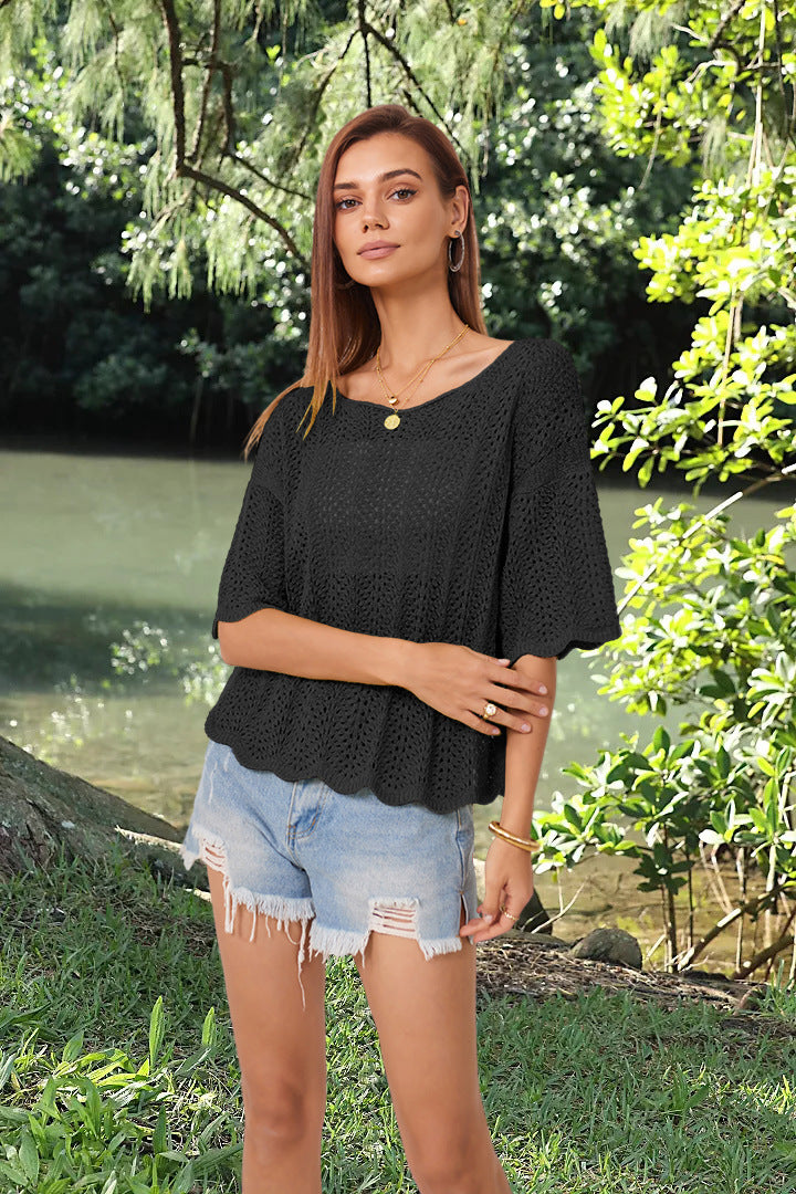 Spring Summer Round Neck Pullover Hollow Out Cutout Short Sleeve Casual Women Knitwear