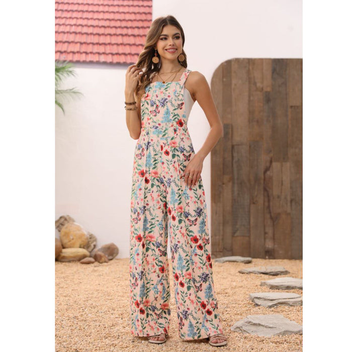 Women Jumpsuit Floral Print Button Wide Leg Jumpsuit