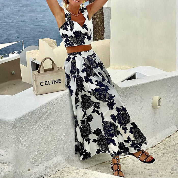 Spring Summer Women Clothing Printed Sling Top Skirt Two Piece Set