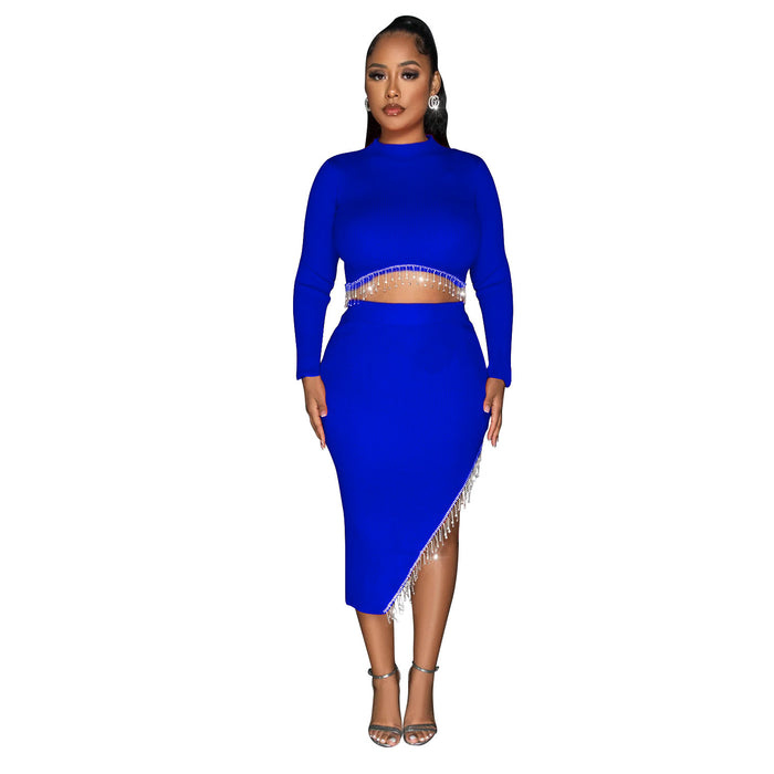 Women Wear Solid Color Long Sleeve Cropped Dress Two Piece Set for Women