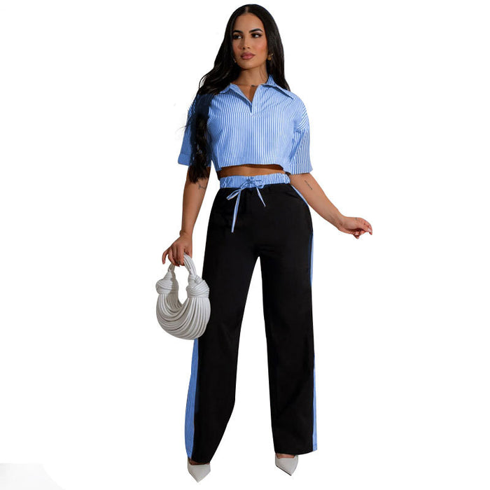 Summer Striped Shirt Top Women Casual Baggy Straight Trousers Set