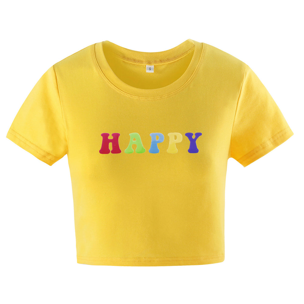 Women Clothing New Happy Letter Graphic Printed Short Slim Fit Short Sleeved T shirt