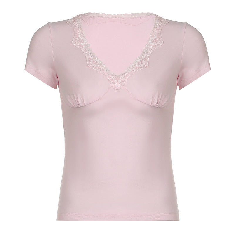Sweet Spicy Girl V neck Chest Sexy Lace Stitching T shirt Basic Pleated All Matching Slim Fit Short Sleeve