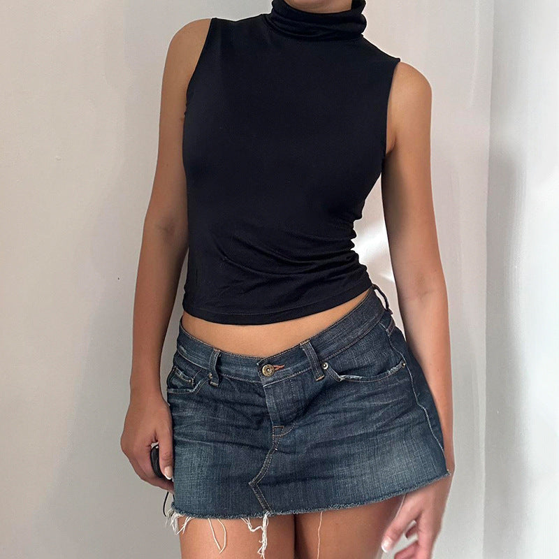 Street Basic Solid Color Turtleneck Anti Car Outer Wear Sleeveless Vest Sexy Elegant Slim Stretch Casual Top
