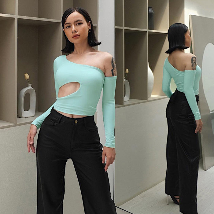 Irregular Asymmetric Design Hollow Out Cutout-out Broken Sleeve Diagonal Collar Short Top for Women Spring Autumn