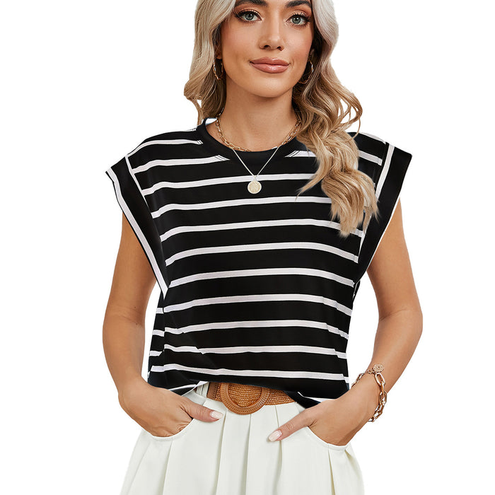 Spring Summer round Neck Loose Short Sleeves T shirt Striped Top Women Vest