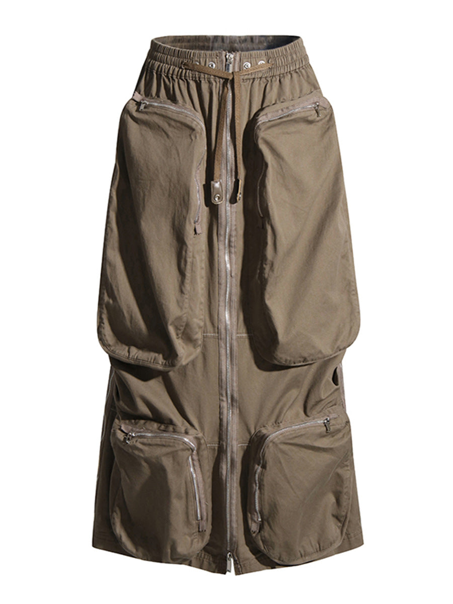 Personalized Street Midi Skirt Winter Heavy Industry Multi-Pocket Zipper High Waist Skirt Women Clothing