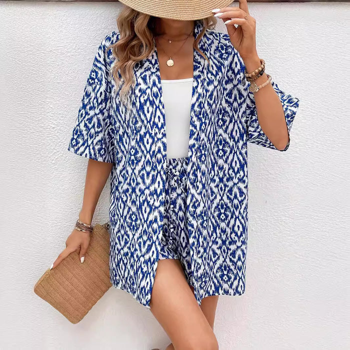 Summer Two Piece Suit Women Trendy All Match Loose Printed Cardigan Casual Suit Women