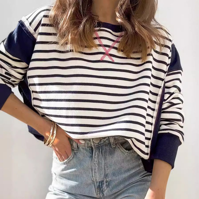 Women Clothing Women Multicolor Hoodie Striped Color Contrast Long Sleeve T Shirt