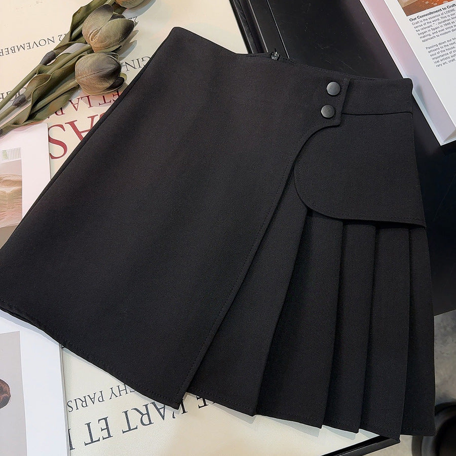 Retro Solid Color Pleated Irregular Asymmetric Skirt Summer Korean Anti Exposure High Waist Slimming Patchwork A line Skirt
