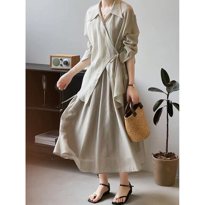 Shirt Skirt Women Summer Thin Lace up Shirt Skirt Two Piece Set