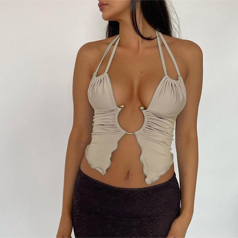 Metal Ring Hollow Out Cutout Halter Camisole Summer Sexy Cropped Top