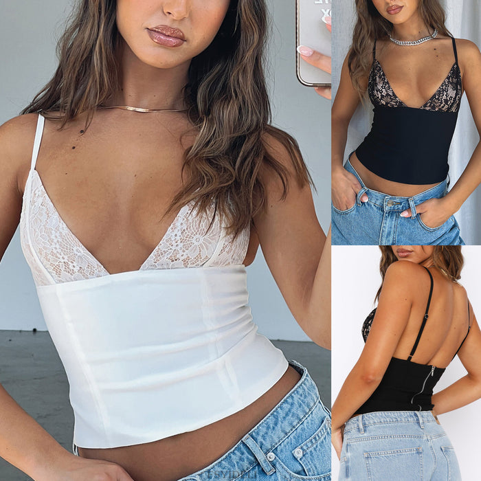 Summer Women Sling Popular Lace Mesh Patchwork Sling See through Backless Sexy Short Top