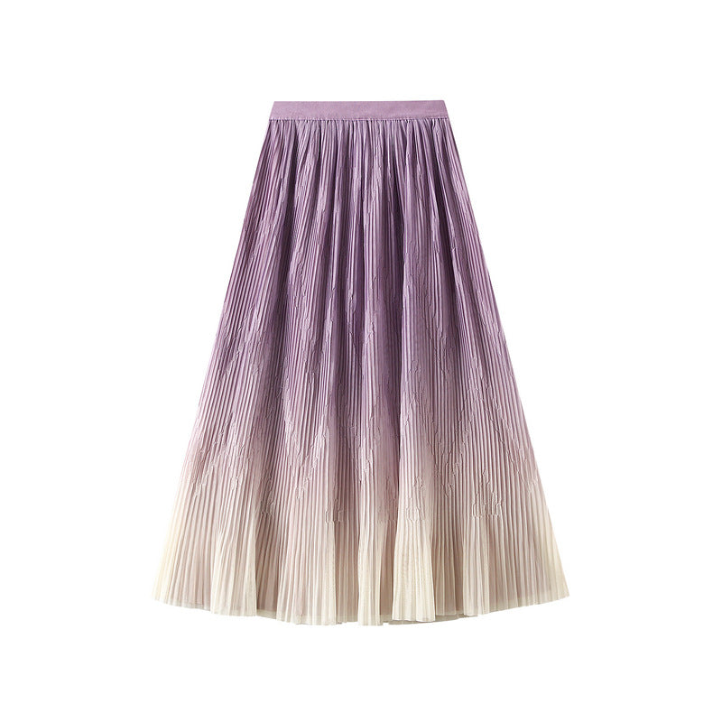 Double Sided Wear Gradient Color Mesh Skirt Women Spring Mid Length High Waist Slimming Pleated Skirt