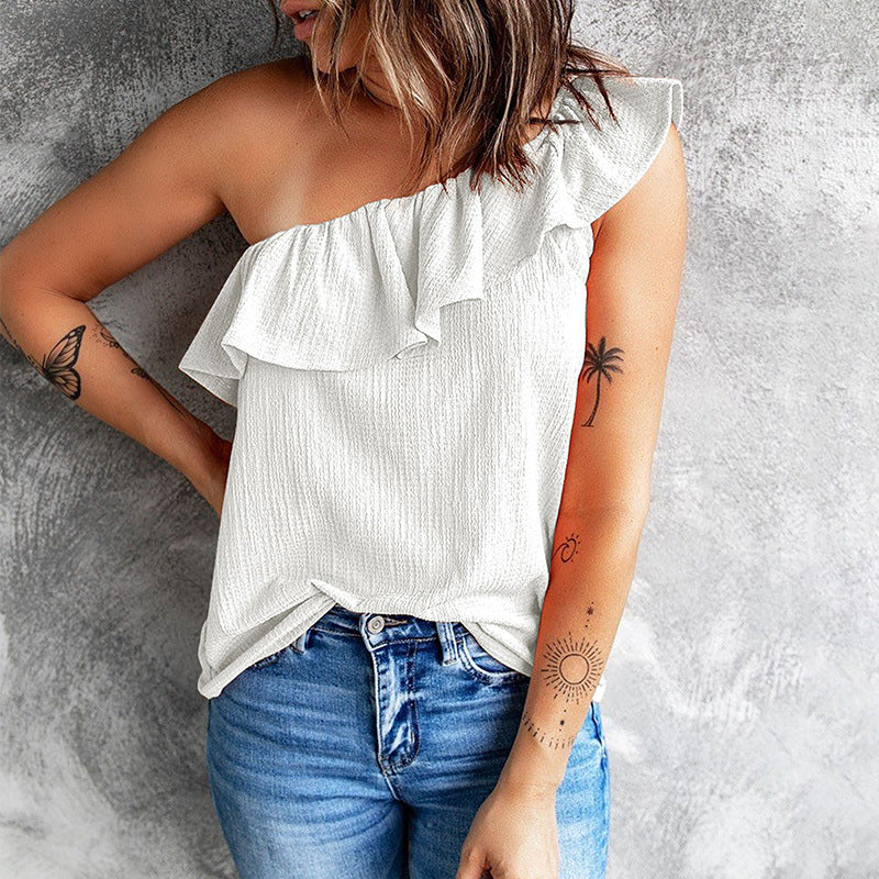 Ruffled Wide Shoulder Strap Solid Color Vest for Women Summer off Shoulder Simple All Match Beveled Top for Women