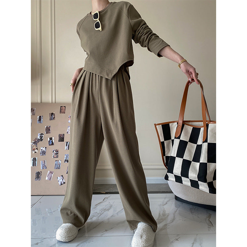 Casual Breathable Short Sweater Wide Leg Pants Suit High End Women Clothing Two Piece Suit Small