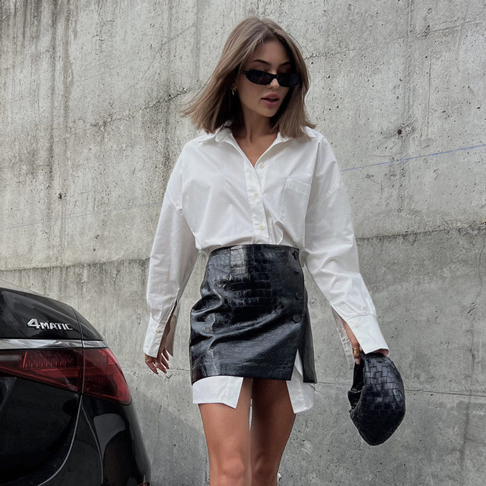 Women Clothing Spring Wear a Set of Simple Loose White Shirt Waist Seal Skirt Outfit