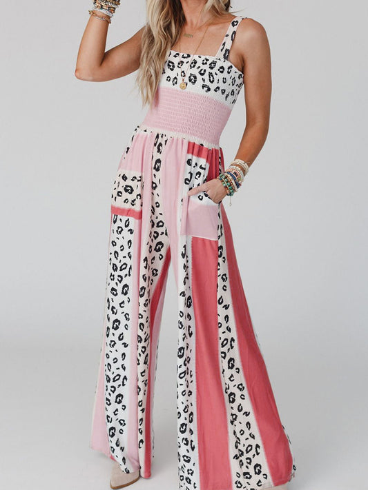 Pink Leopard Print Mixed Color Printed Pocket Jumpsuit Women Sling High Waist Backless Slim Fit Jumpsuit Women