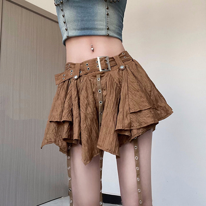 Street Sexy Low Waist A Line Irregular Asymmetric Hem Ribbon Skirt Short With Underpants