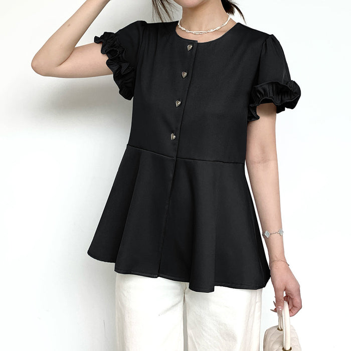 Solid Color Short Sleeve Shirt Women Summer High Grade Casual All Match Round Neck Slim Fit Slimming Ruffle Sleeve Top