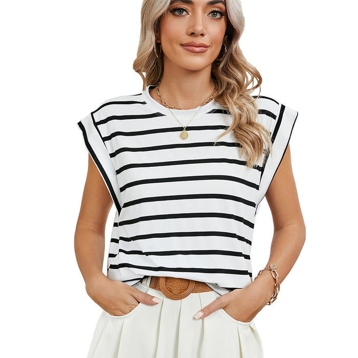 Spring Summer round Neck Loose Short Sleeves T shirt Striped Top Women Vest