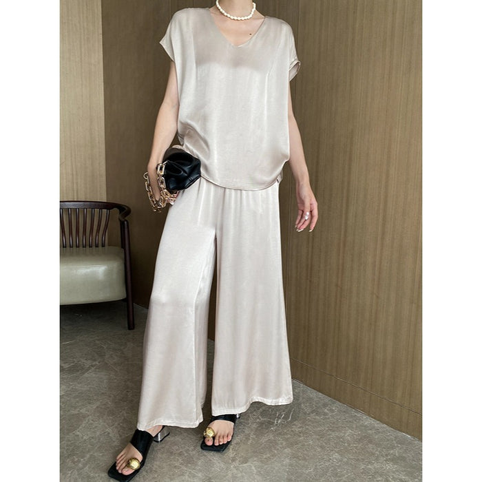 Loose Draping Satin Rayon V Neck Sleeveless Jacket Short Sleeved Wide Leg Pants Two Piece Set