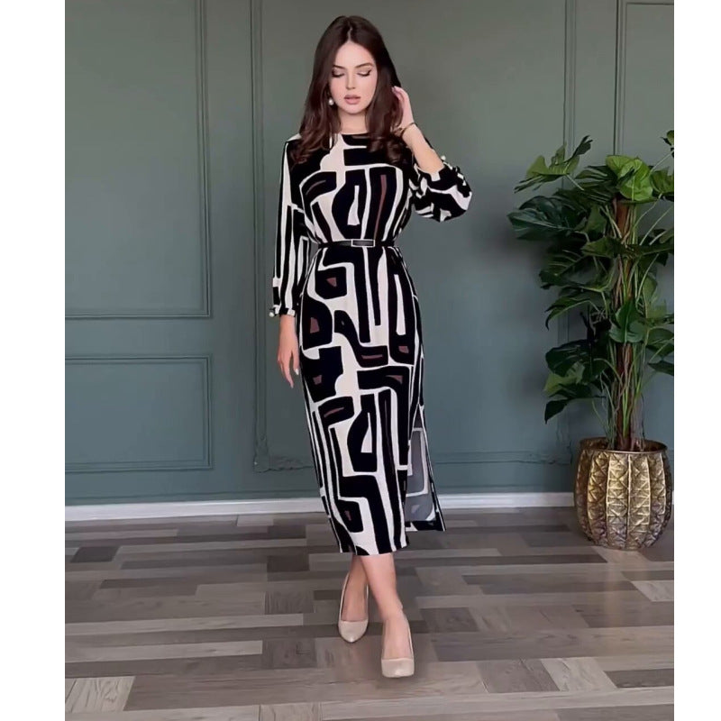 Spring Summer High Sense Geometric Abstract Pattern Printing Elegant Graceful Women Dress