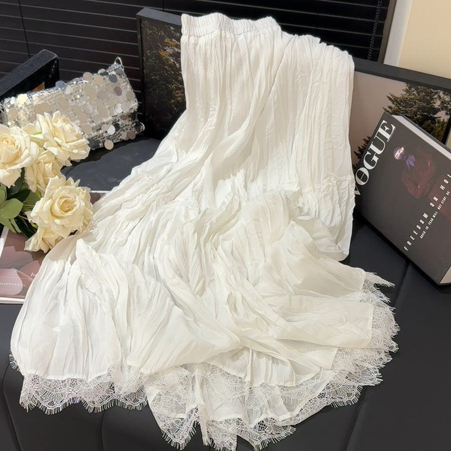 Chiffon Lace Stitching Skirt Women Summer Elegant Pleated Hollow Out Cutout Drape Big Hem A Line Skirt