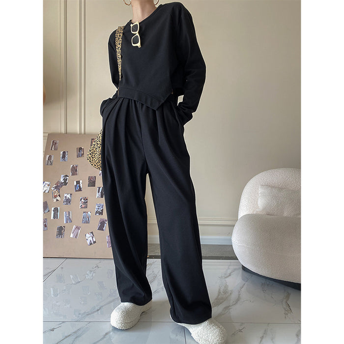 Casual Breathable Short Sweater Wide Leg Pants Suit High End Women Clothing Two Piece Suit Small